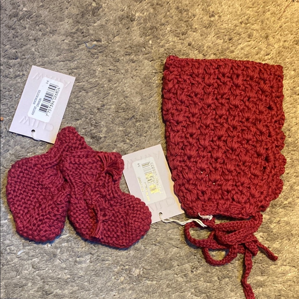 Hand-Knit Red Baby Bonnet and Booties Set